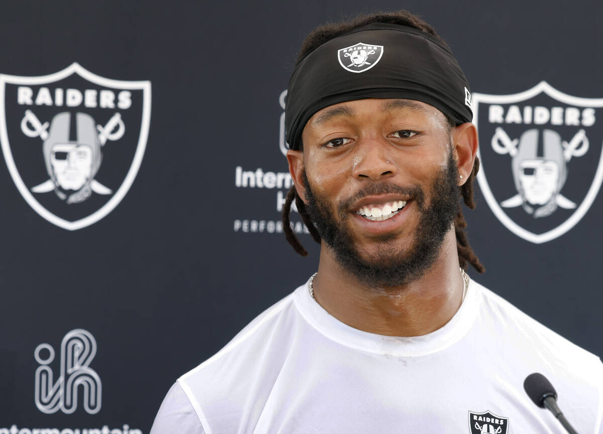 Raiders wide receiver Jakobi Meyers addresses the media after organized team activities at the ...