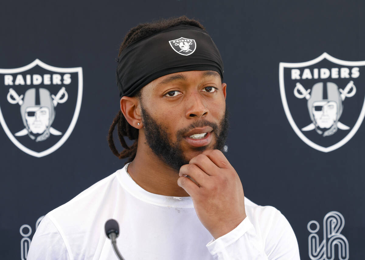 Raiders wide receiver Jakobi Meyers listens to reporters questions as he addresses the media af ...