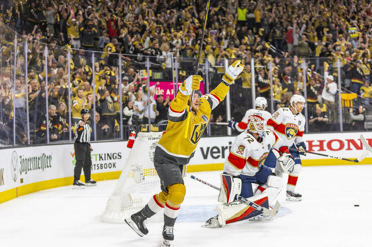 Golden Knights center Jack Eichel (9) celebrates a goal past Florida Panthers goaltender Sergei ...