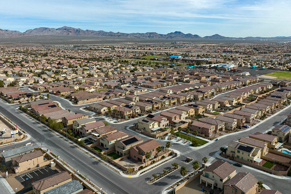 An aerial photo shows homes at the corner of Ann Road and Donna Street in North Las Vegas, on F ...