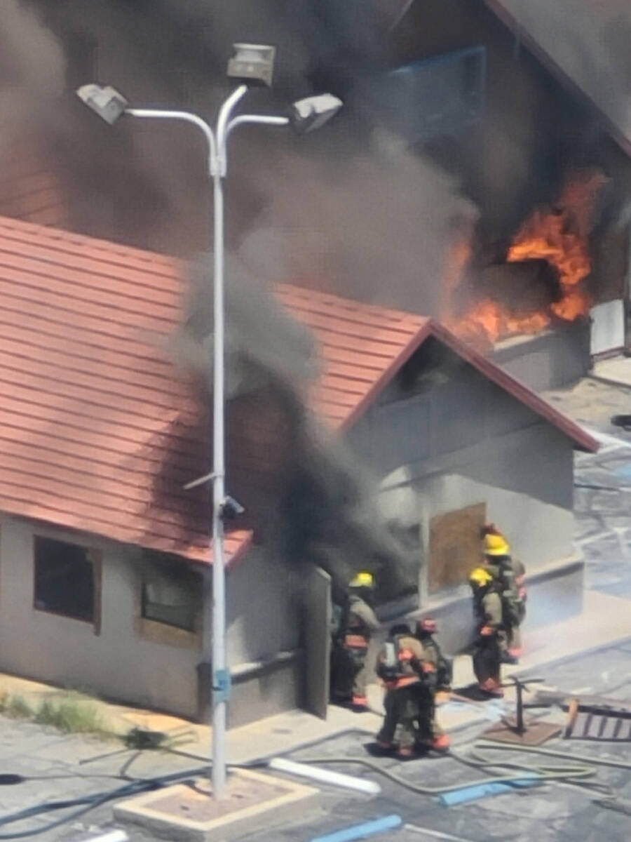 Las Vegas firefighters battle a fire at the shuttered M&M Soul Food Cafe on the Strip just sout ...