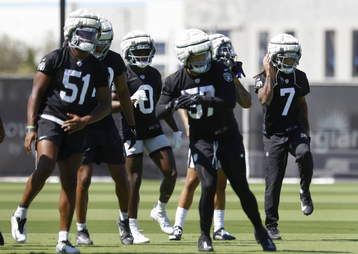Raiders players, including safety Tre'von Moehrig (7) and defensive end Malcolm Koonce (51) war ...