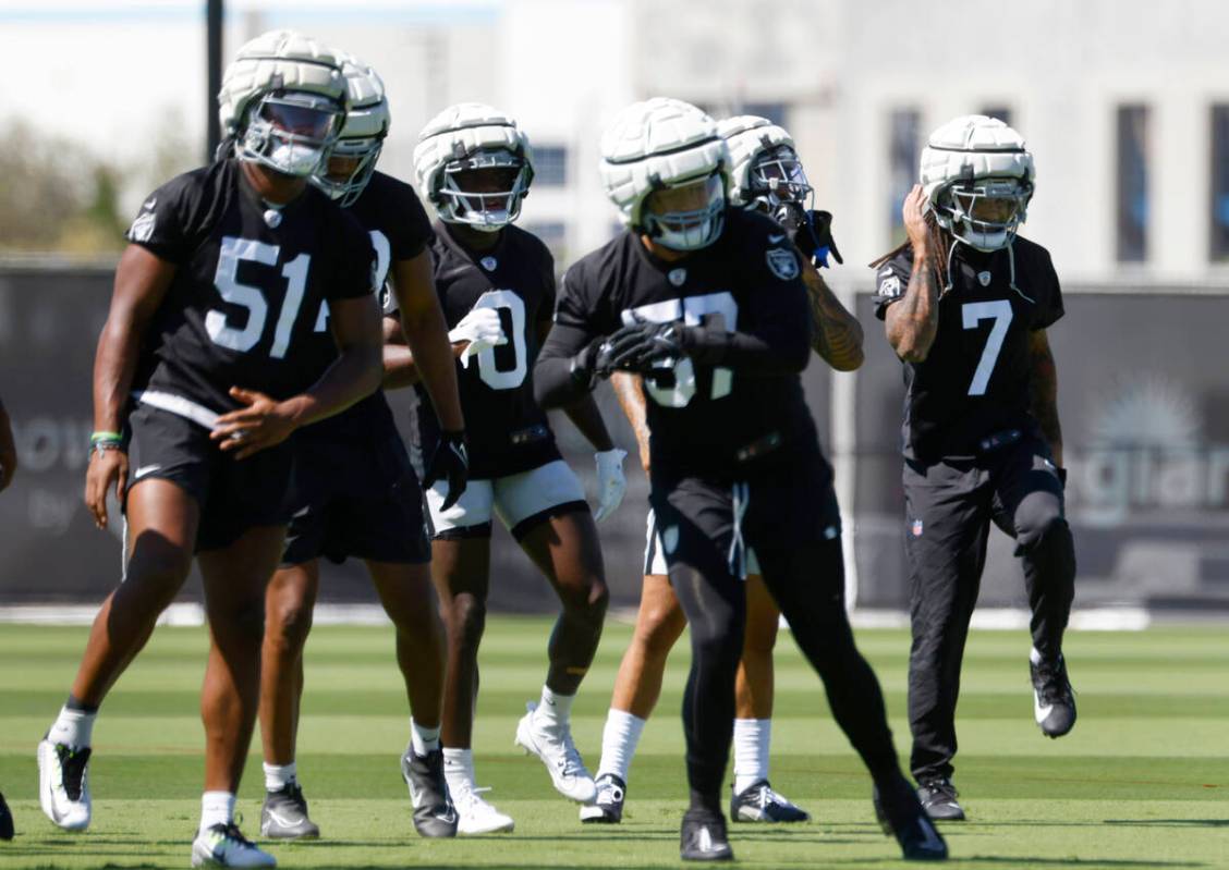 Raiders players, including safety Tre'von Moehrig (7) and defensive end Malcolm Koonce (51) war ...