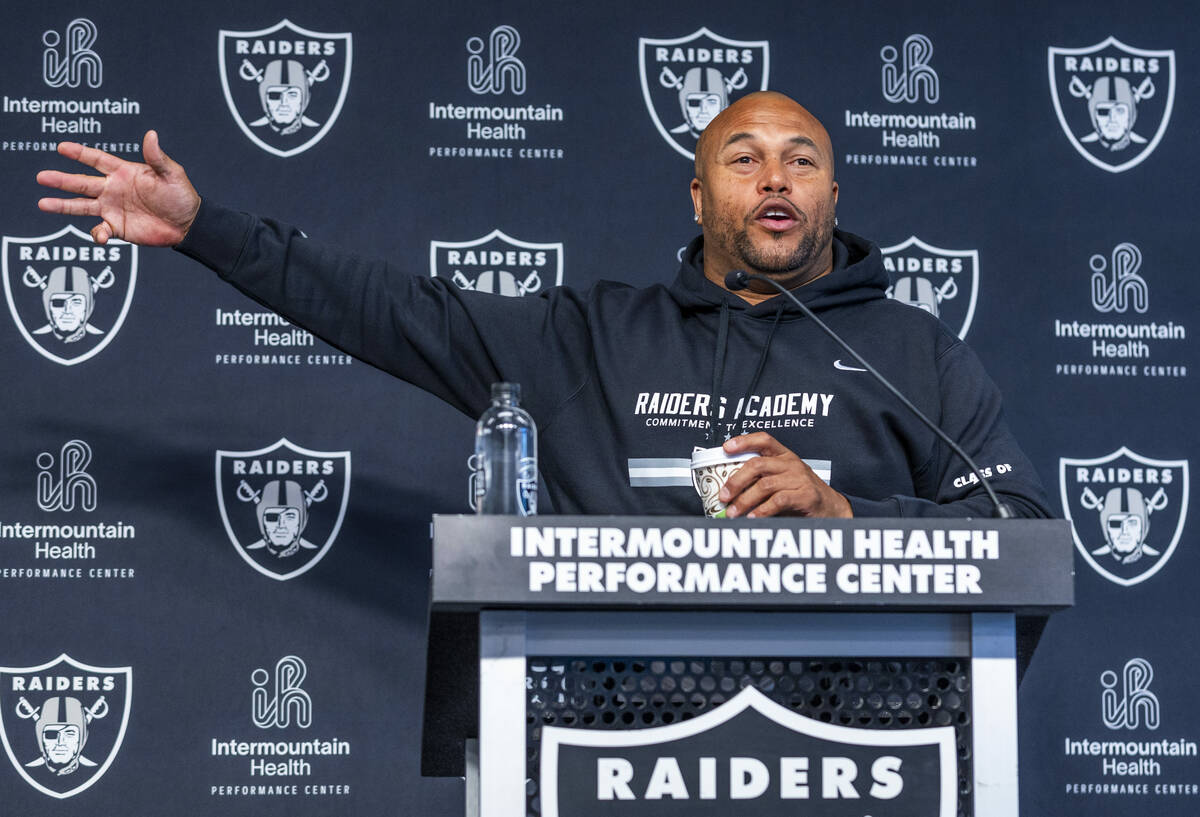 Raiders head coach Antonio Pierce responds to a media question during a press conference from t ...