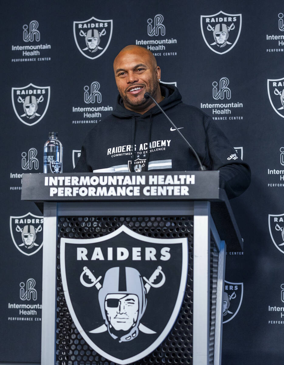 Raiders head coach Antonio Pierce listens to a media question during a press conference from th ...