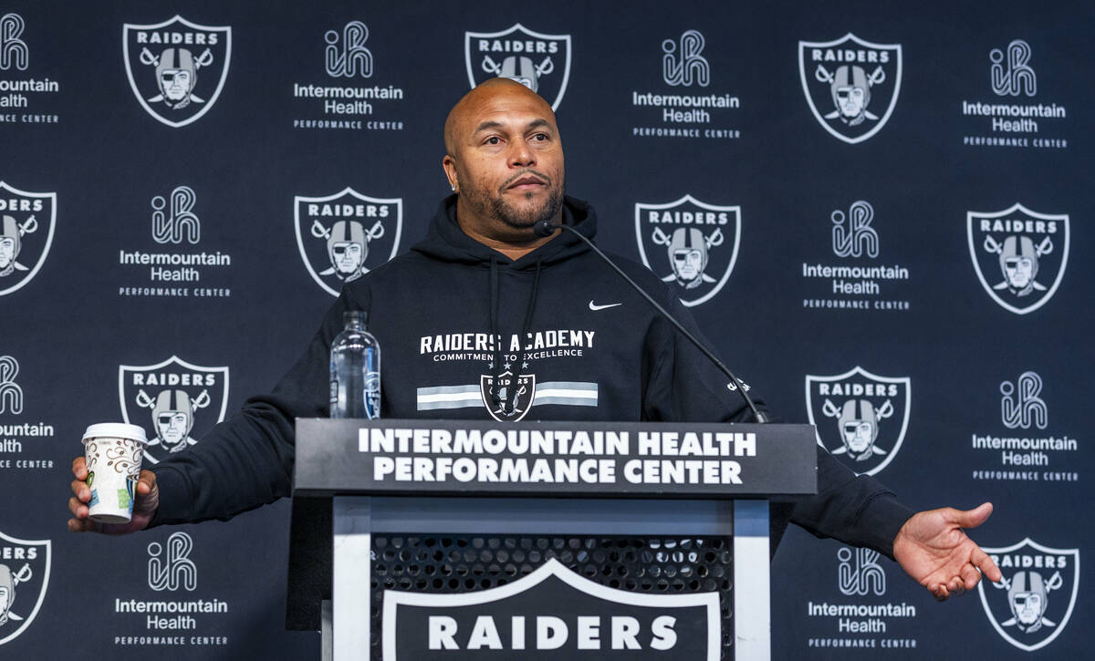 Raiders head coach Antonio Pierce responds to a media question during a press conference from t ...