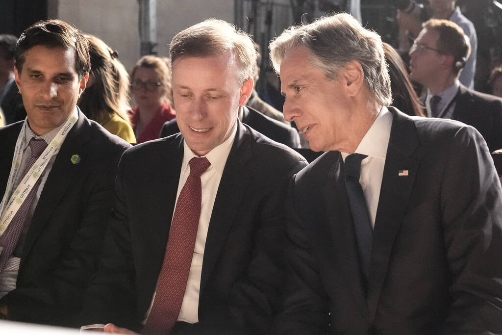 U.S. national security adviser Jake Sullivan, left, and Secretary of State Antony Blinken, wait ...