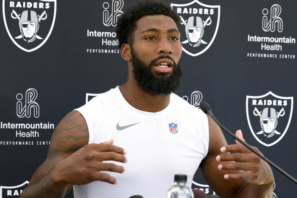 Raiders cornerback Nate Hobbs addresses the media after an NFL football practice at the Intermo ...