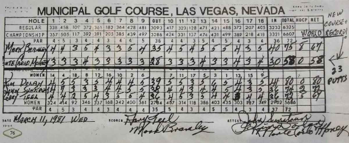 Monte Carlo Money's scorecard from his 58 at Las Vegas Golf Club in March 1981.