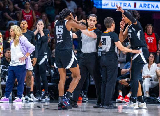 Aces center A'ja Wilson (22) and others look to appeal to the officials on another controversia ...