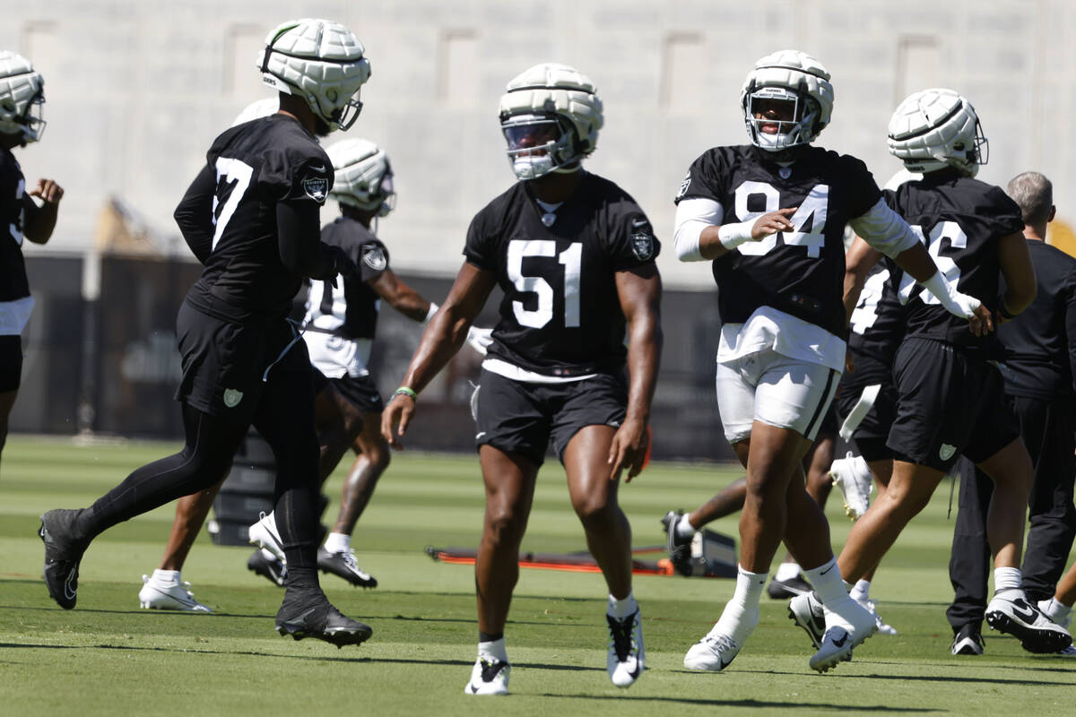 Raiders safety Tre'von Moehrig (7) defensive end Malcolm Koonce (51) and defensive tackle Chris ...