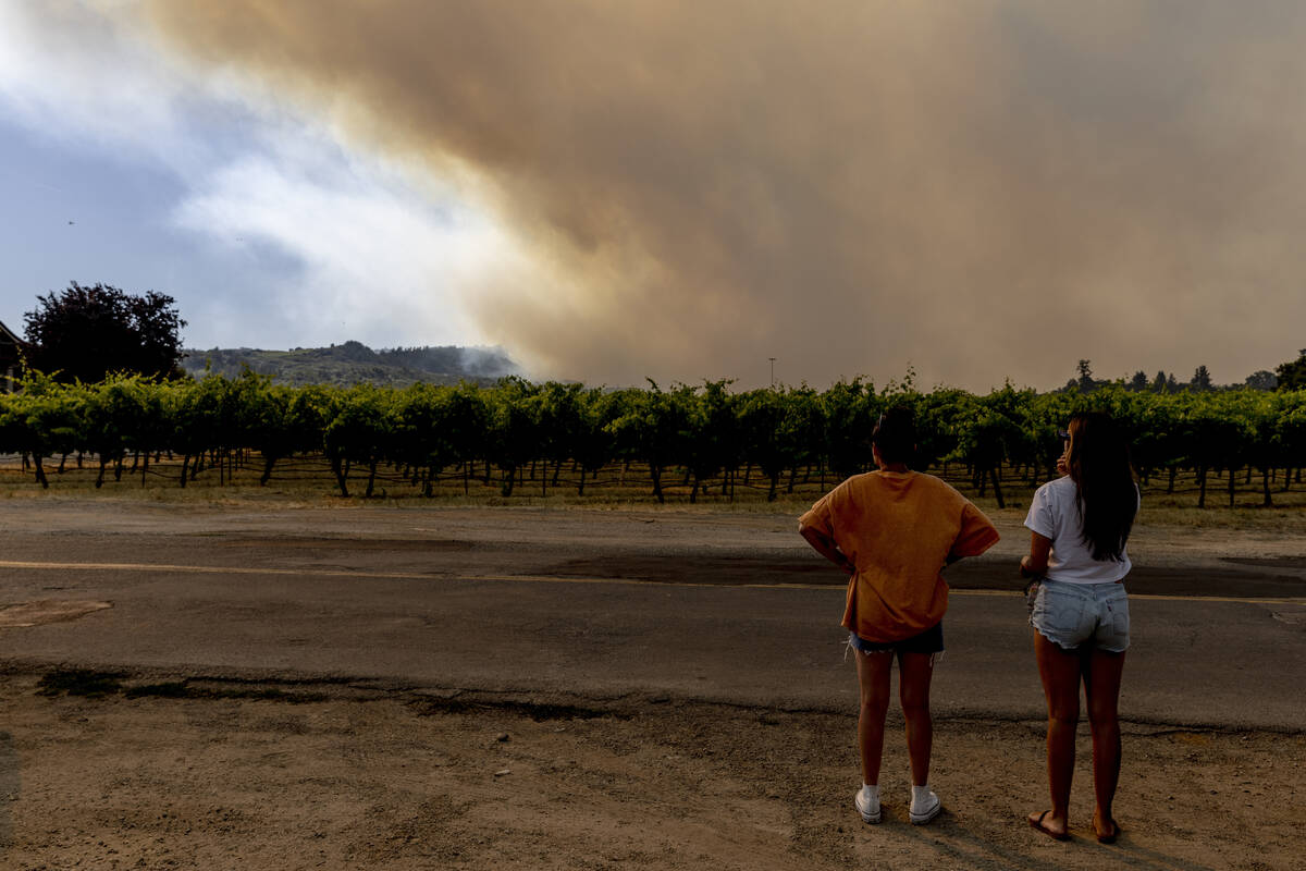 Motorists stop to watch a smoke column during the Point Fire in Healdsburg, Calif., Sunday, Jun ...