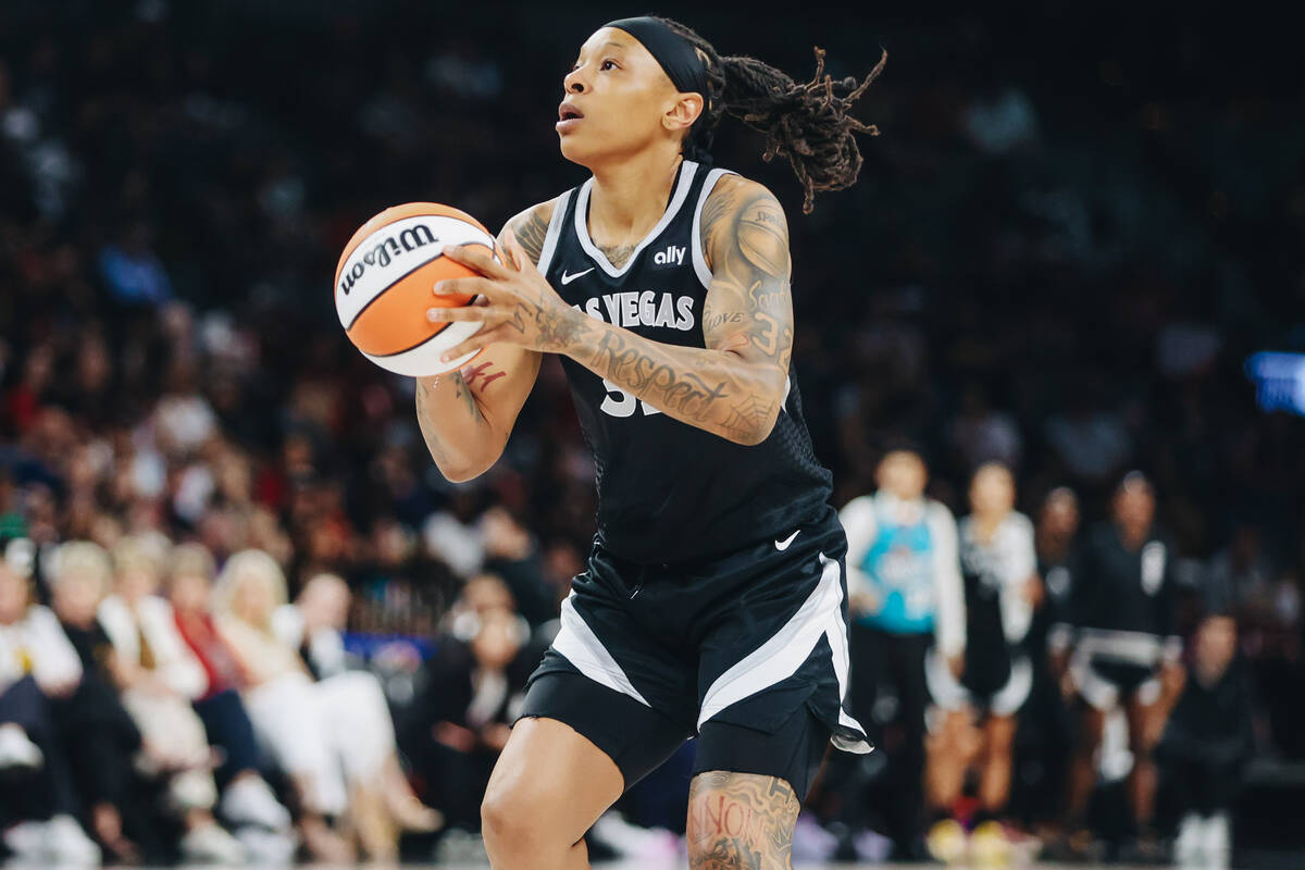 Aces forward Emma Cannon (32) eyes the basket during a game between the Aces and Indiana Fever ...