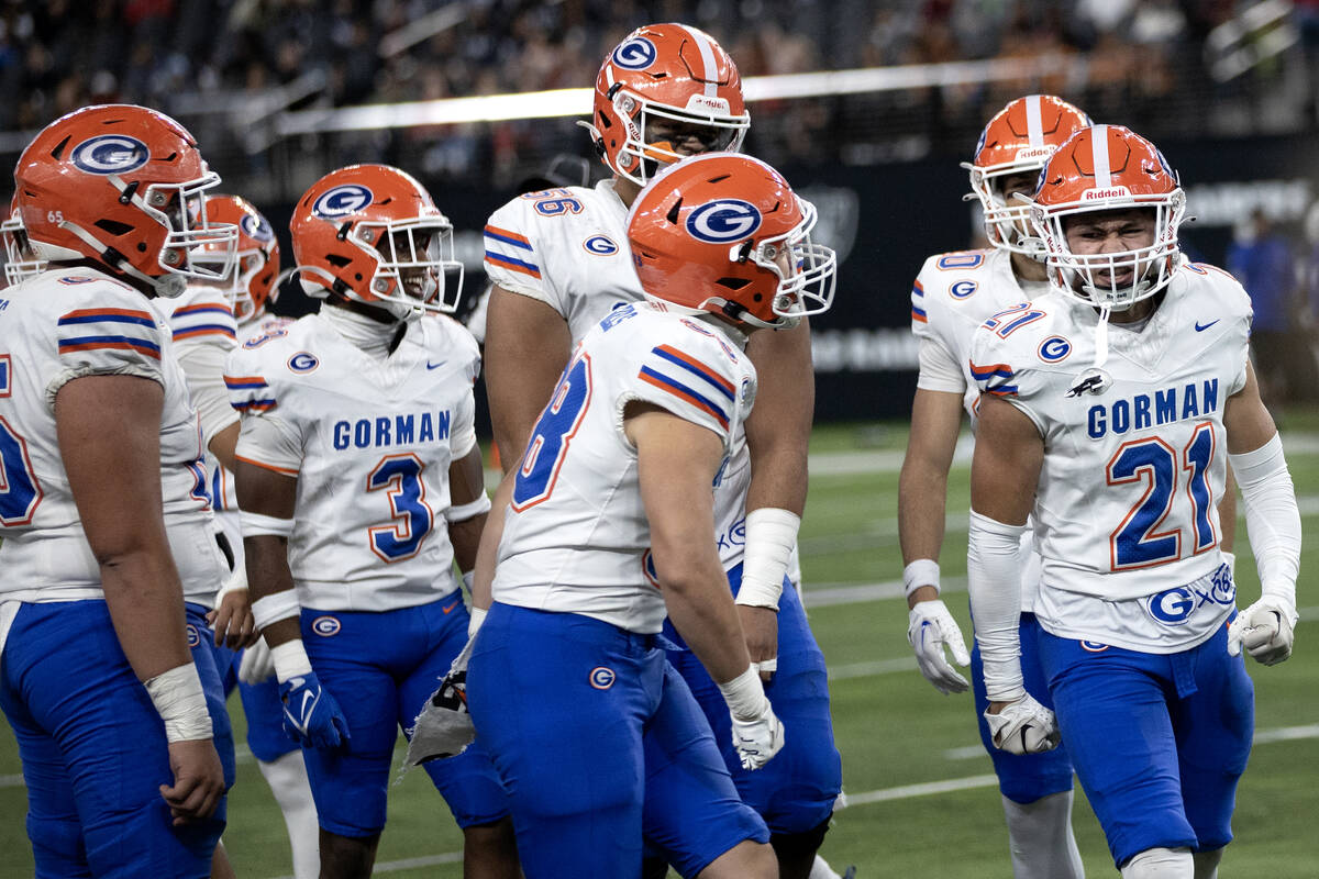 Bishop Gorman’s Brayton Correa celebrates a key play during the second half of a Class 5 ...