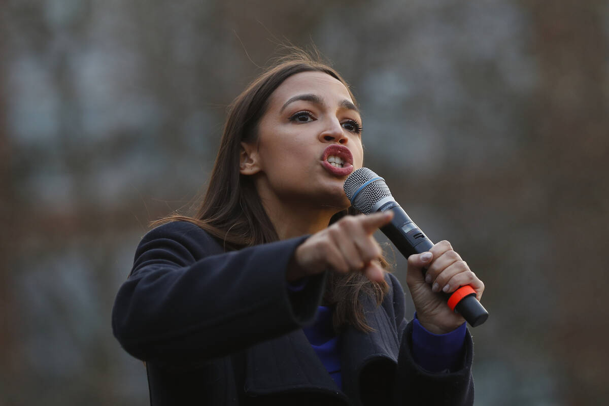 Rep. Alexandria Ocasio-Cortez, D-N.Y., speaks at a campaign rally for Democratic presidential c ...
