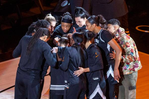 The Aces gather before the start of their WNBA game versus the New York Liberty at Michelob Ult ...