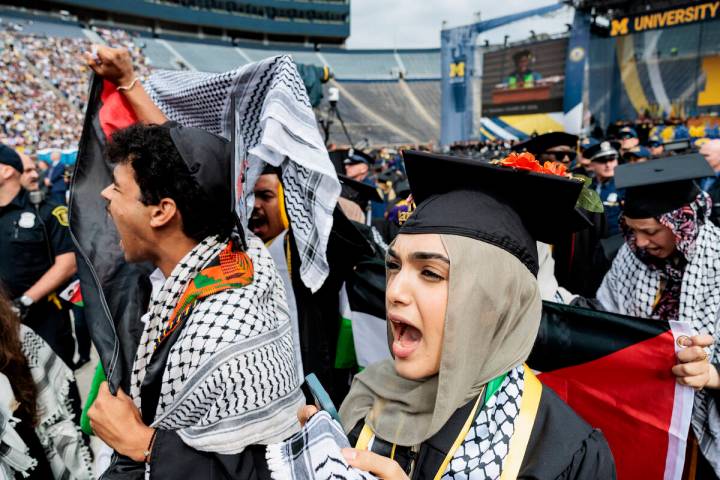 Pro-Palestinian protesters demonstrate during the University of Michigan's Spring 2024 Commence ...