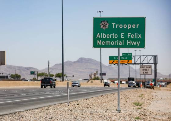 A memorial sign dedicated to Nevada Highway Patrol trooper Alberto Felix, who was killed along ...