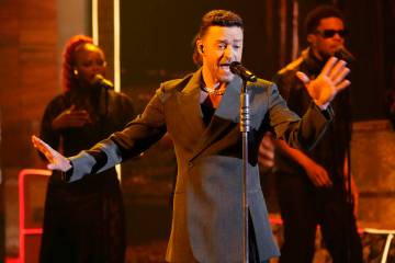 Justin Timberlake performs during the iHeartRadio Music Awards, Monday, April 1, 2024, at the D ...