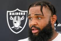 Raiders defensive tackle Christian Wilkins addresses the media after an NFL football practice a ...