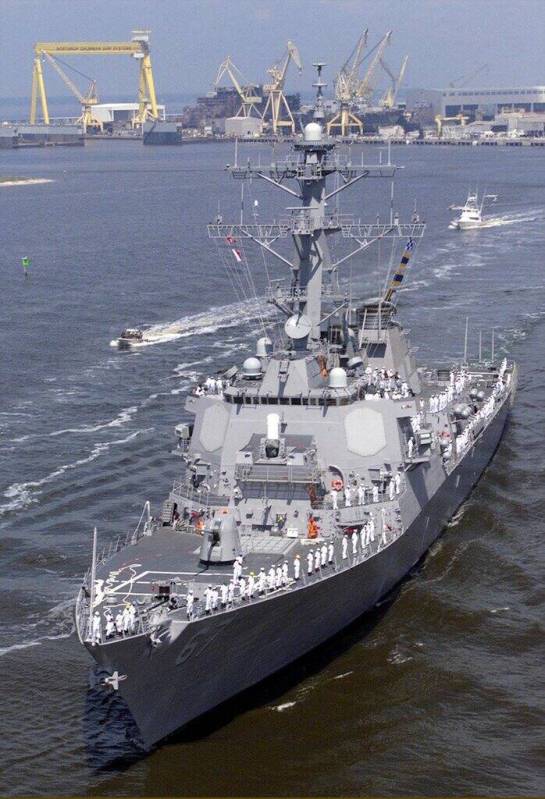 Sailors man the rails as the USS Cole pulls out of Northrop Grumman's Ingalls Shipyard in Pasca ...