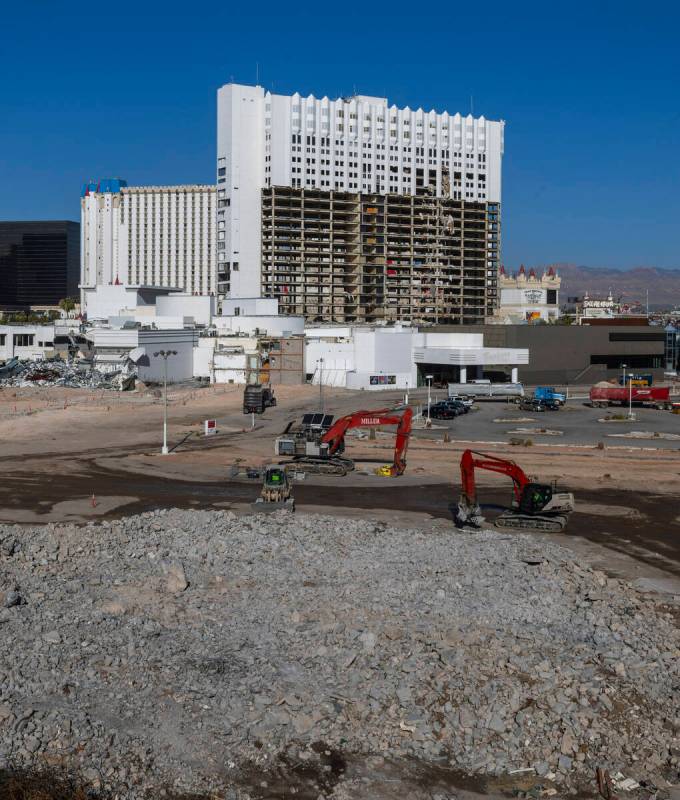 Piles of concrete are to be transported away as demolition continues on the Tropicana in prepar ...