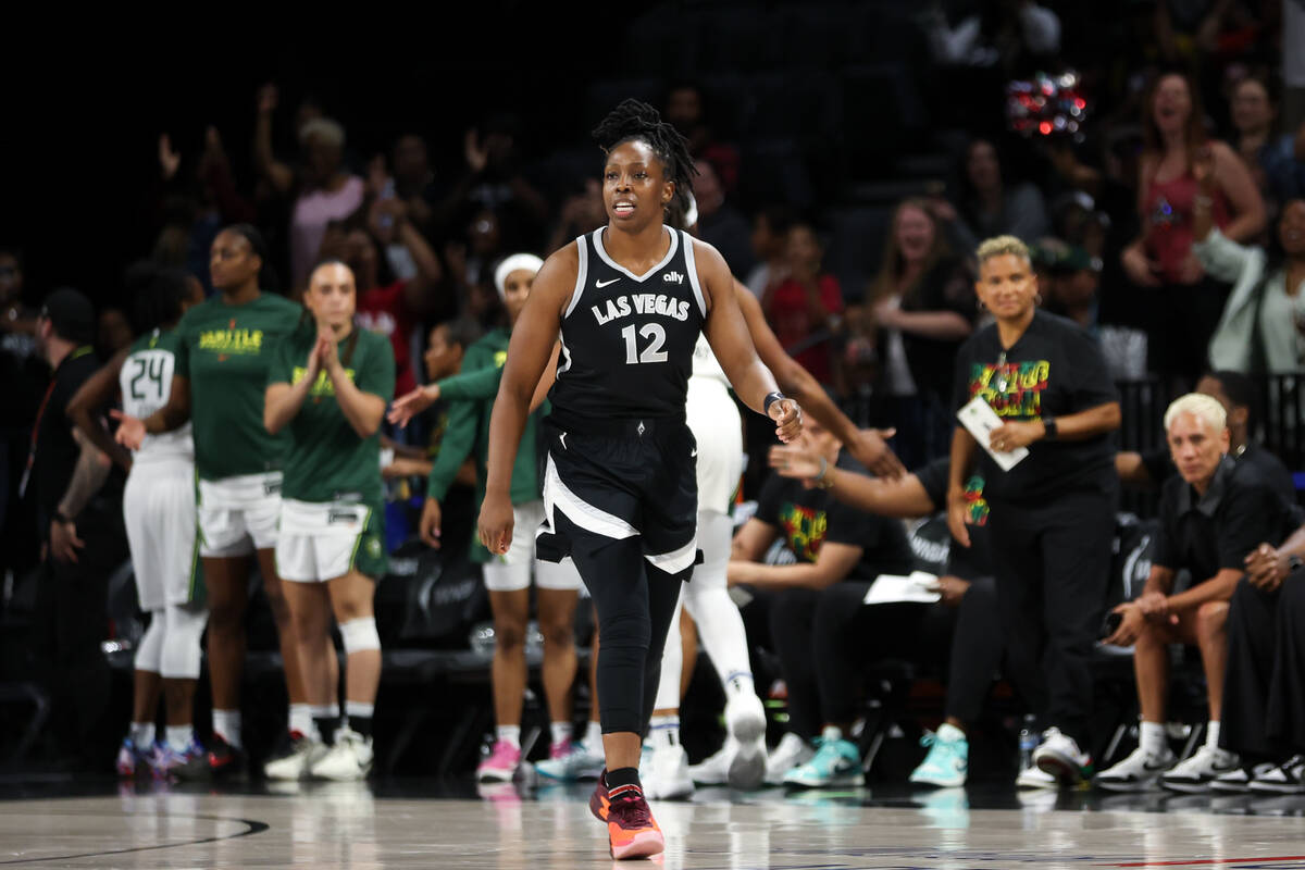 Las Vegas Aces guard Chelsea Gray (12) takes the court for her first appearance back from injur ...