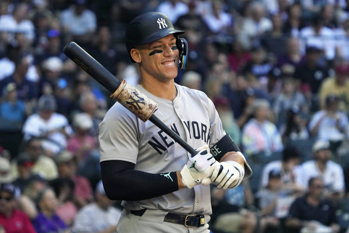 New York Yankees center fielder Aaron Judge (99) in the first inning during a baseball game aga ...
