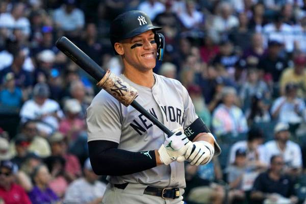 New York Yankees center fielder Aaron Judge (99) in the first inning during a baseball game aga ...