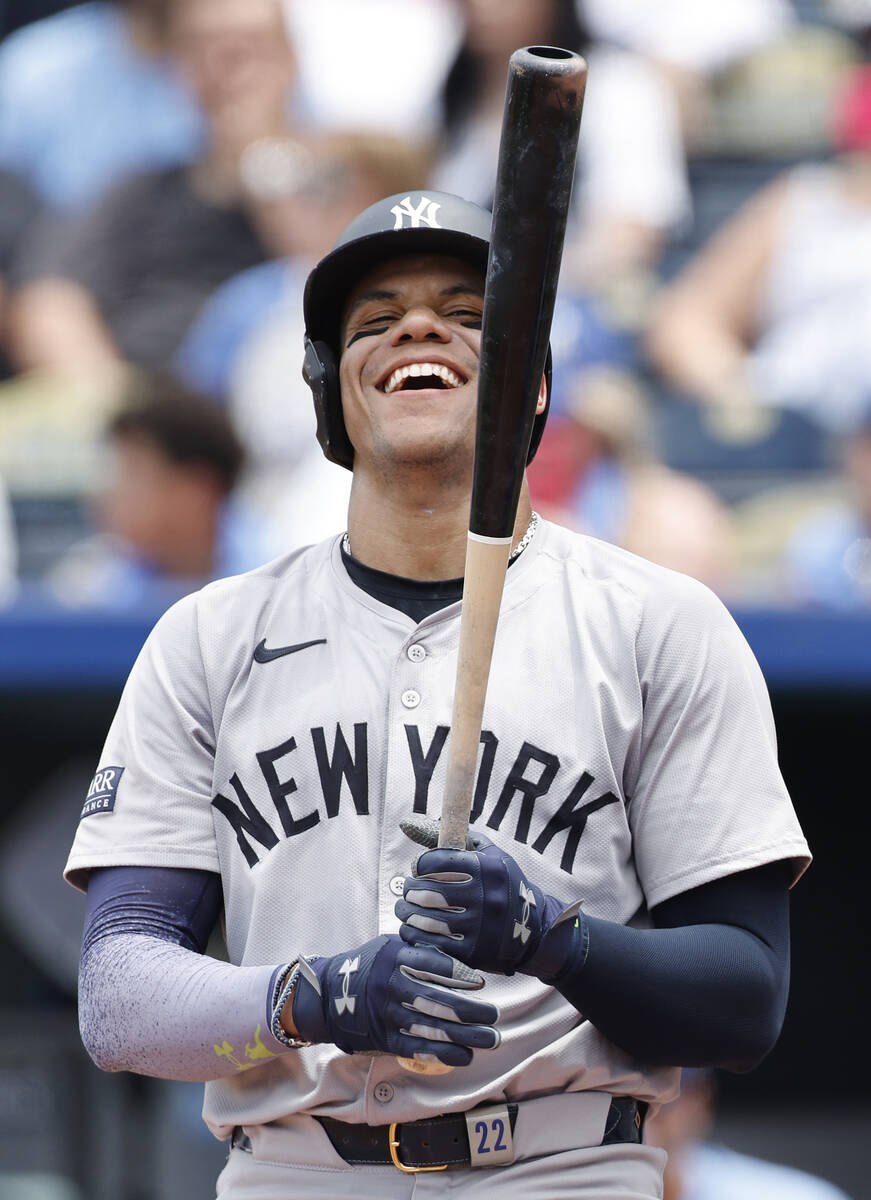 New York Yankees' Juan Soto reacts during an at-bat in the fourth inning of a baseball game aga ...