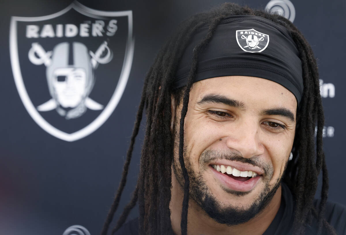 Raiders safety Tre'von Moehrig addresses the media after an NFL football practice at the Interm ...