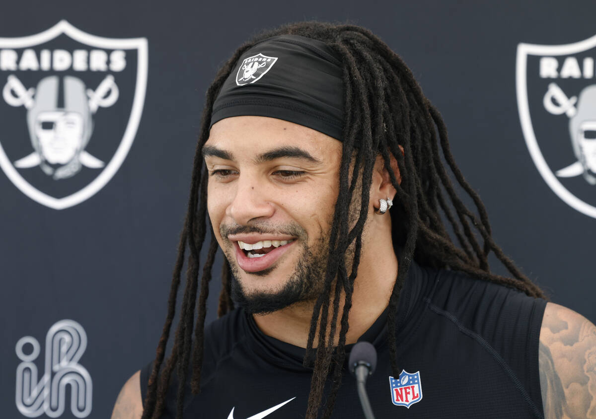 Raiders safety Tre'von Moehrig addresses the media after an NFL football practice at the Interm ...