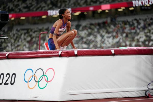 Vashti Cunningham, of the United States, reacts after an attempt in the women's high jump final ...
