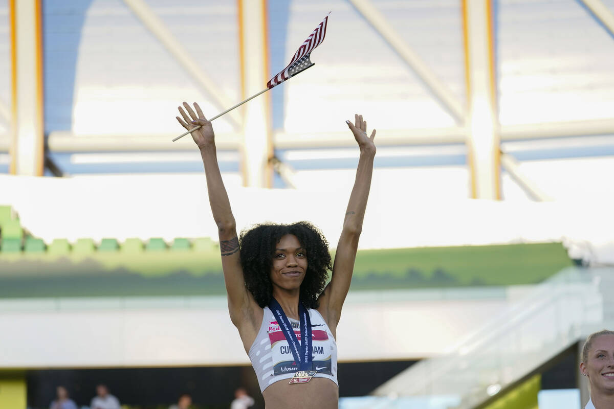 Vashti Cunningham reacts after winning the women's high jump during the U.S. track and field ch ...