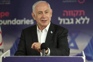 Israeli Prime Minister Benjamin Netanyahu speaks during a news conference at the Sheba Tel HaSh ...