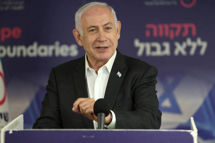 Israeli Prime Minister Benjamin Netanyahu speaks during a news conference at the Sheba Tel HaSh ...