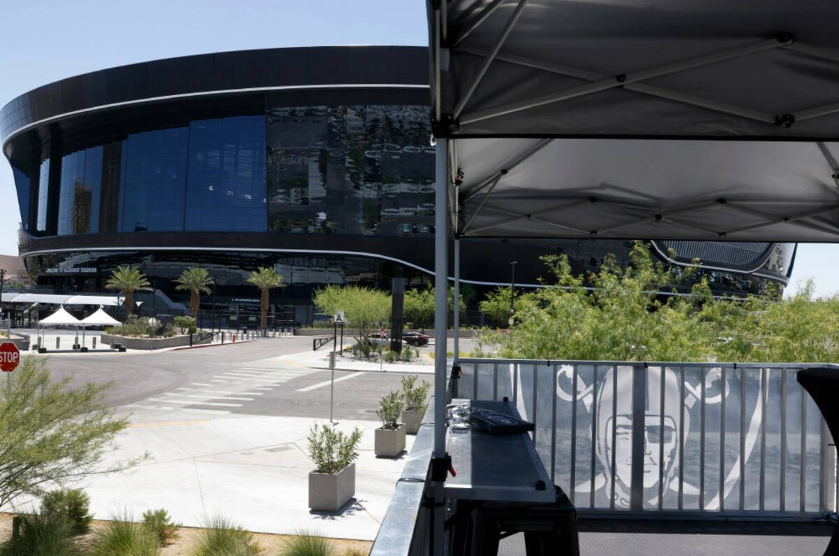 Allegiant Stadium as seen from Raiders premium tailgate space, on Thursday, June 20, 2024, in L ...