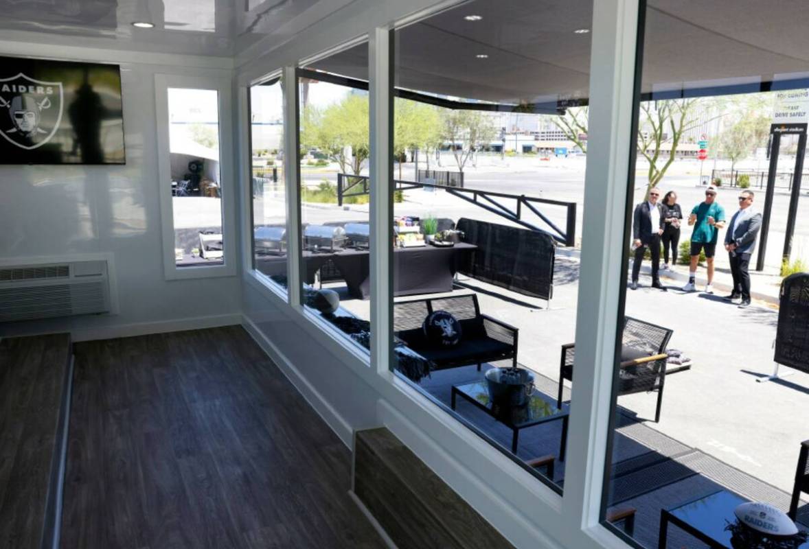 The interior of Raiders premium tailgate space, stationed outside of Allegiant Stadium, is seen ...