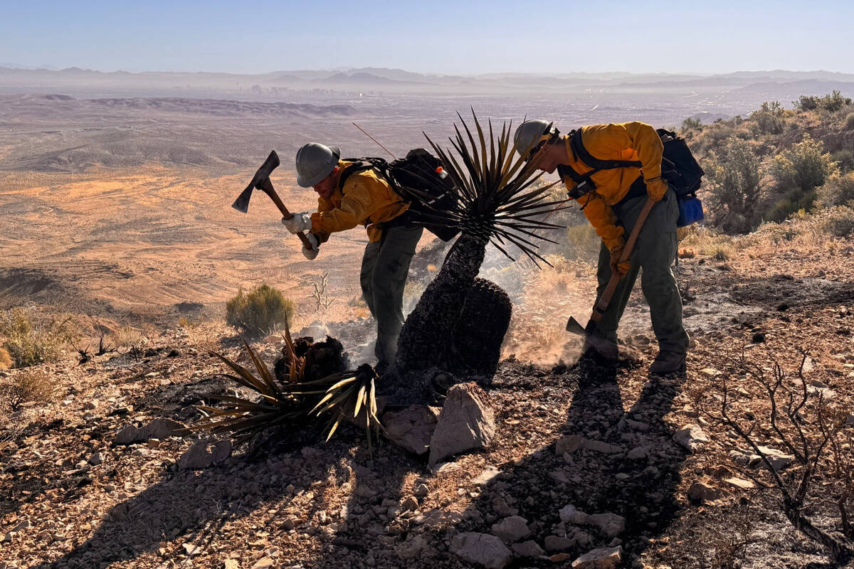 Firefighters work to contain the Bird Springs Fire on May 28, 2024, in the Red Rock Canyon Nati ...