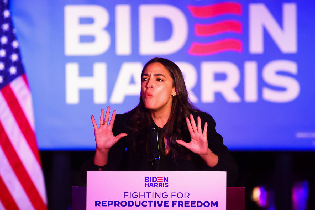 Rep. Alexandria Ocasio-Cortez, D-N.Y., speaks during a rally for the Biden-Harris presidential ...