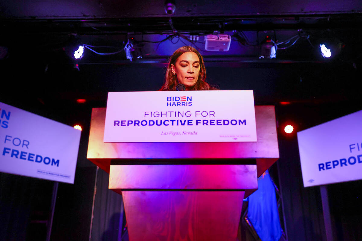 Rep. Alexandria Ocasio-Cortez, D-N.Y., speaks during a rally for the Biden-Harris presidential ...