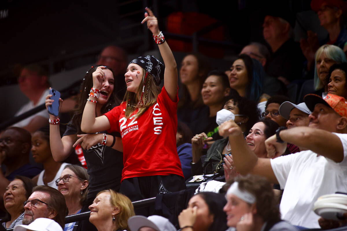 Las Vegas Aces dance in the stands during the first half of a WNBA basketball game against the ...