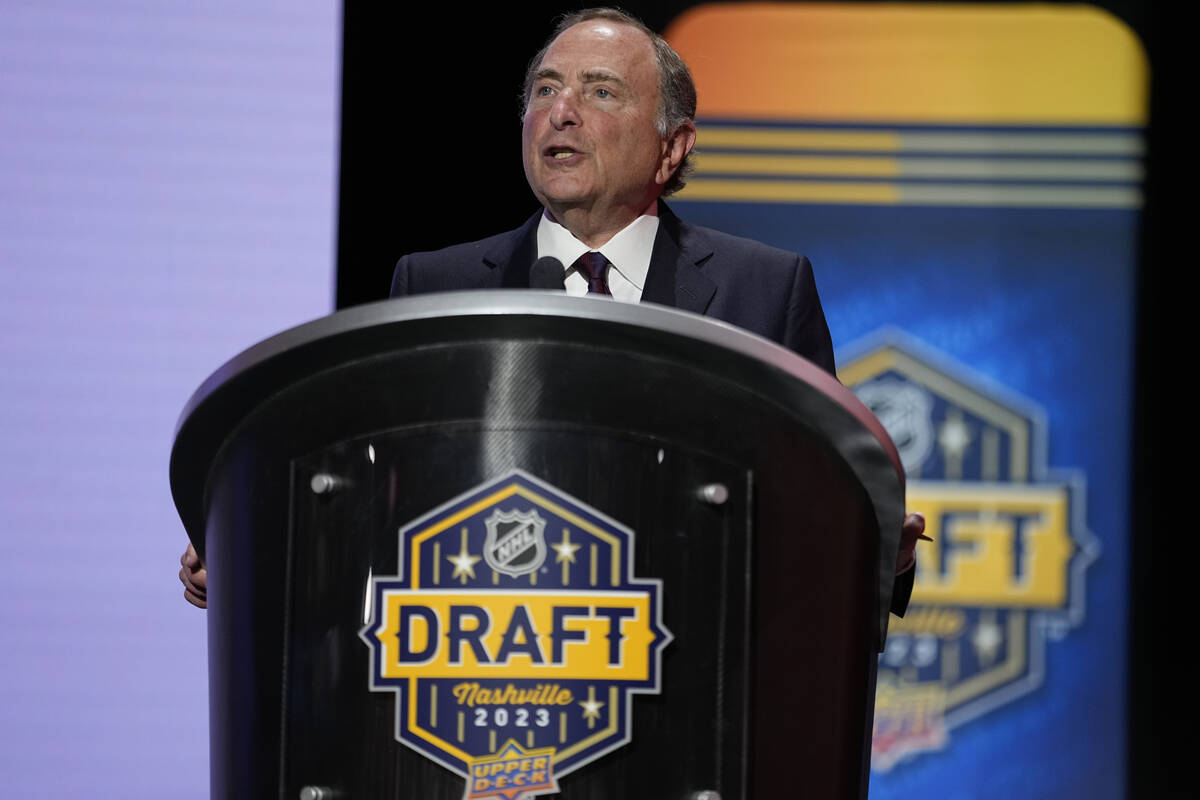 FILE - NHL commissioner Gary Bettman delivers remarks during the first round of the NHL hockey ...