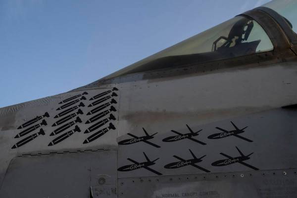 FILE - Drawings of drones and missiles that have been shot down are painted on the fuselage of ...