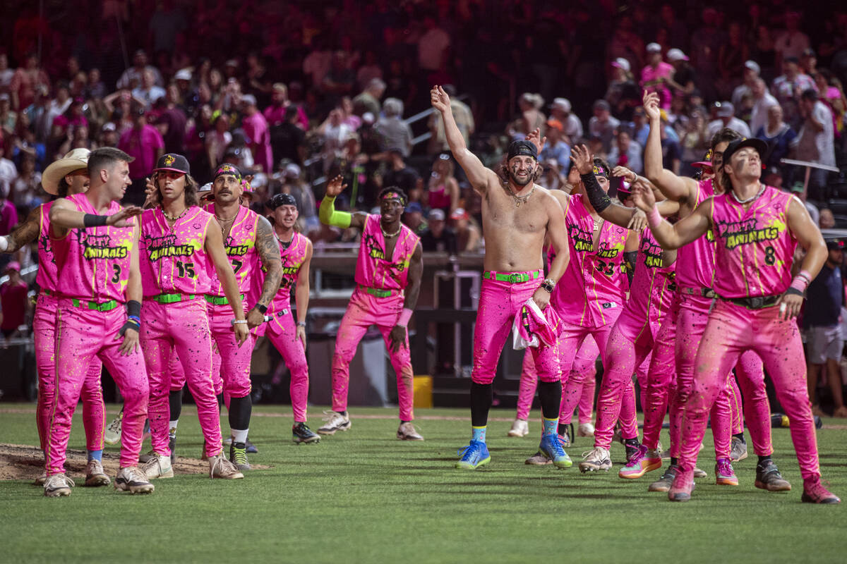 The Party Animals begin to dance after defeating the Firefighters at Las Vegas Ballpark on Frid ...
