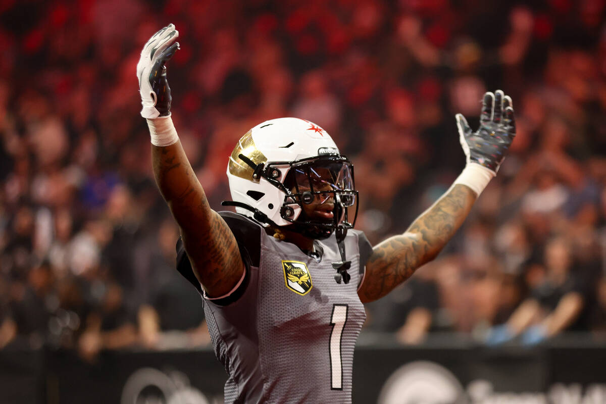 Vegas Knight Hawks wide receiver Caleb Holley celebrates after a touchdown during an IFL (Indoo ...