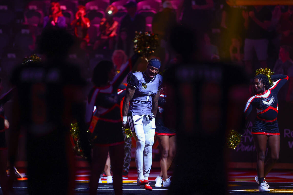 Vegas Knight Hawks wide receiver Caleb Holley is announced in the starting lineup before an IFL ...