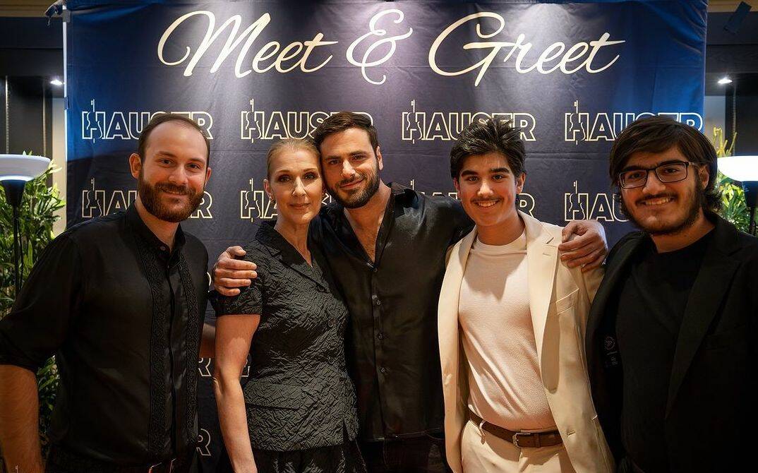 Celine Dion and her sons, from left, and cello great Hauser are shown at Encore Theater at Wynn ...