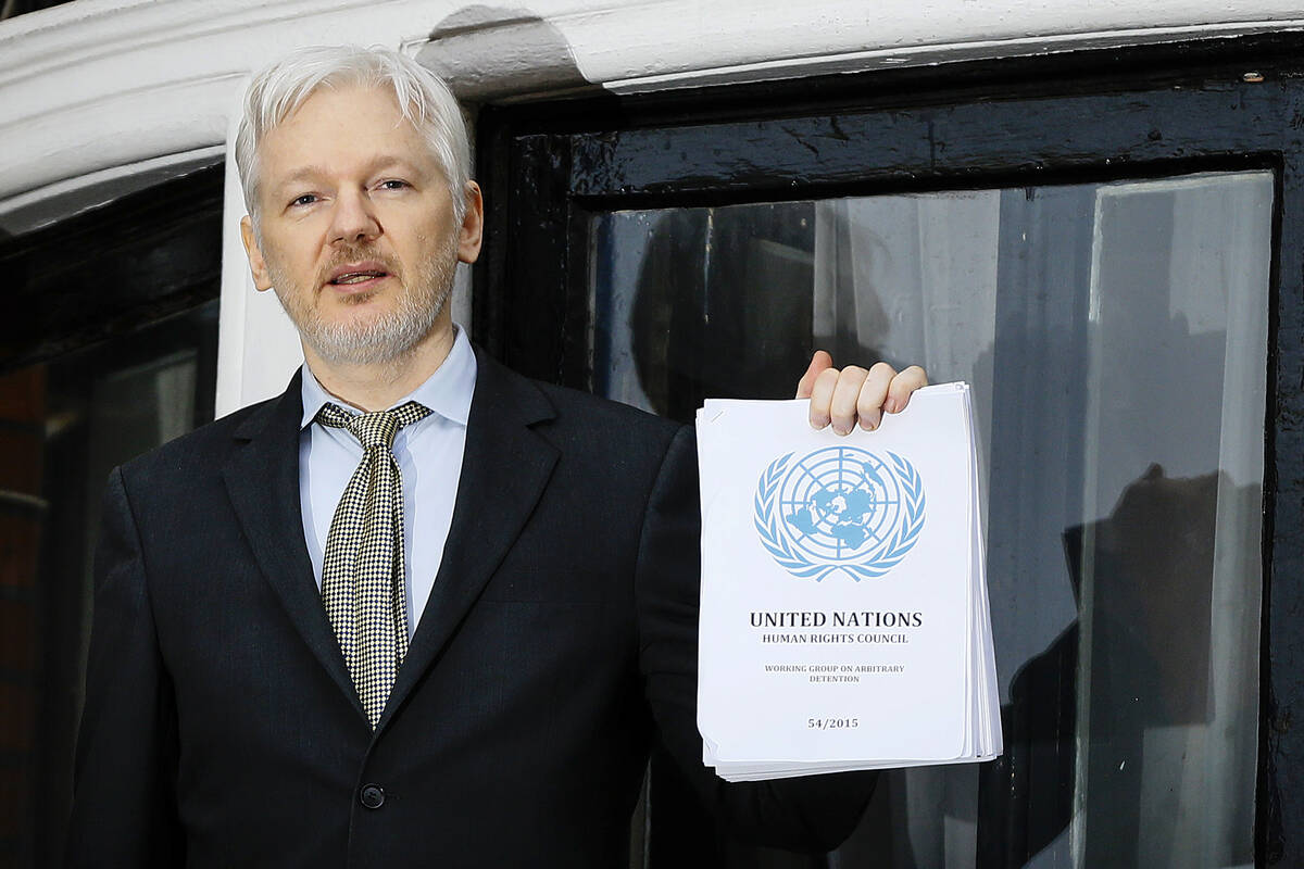 WikiLeaks founder Julian Assange speaks on the balcony of the Ecuadorean Embassy in London, Feb ...