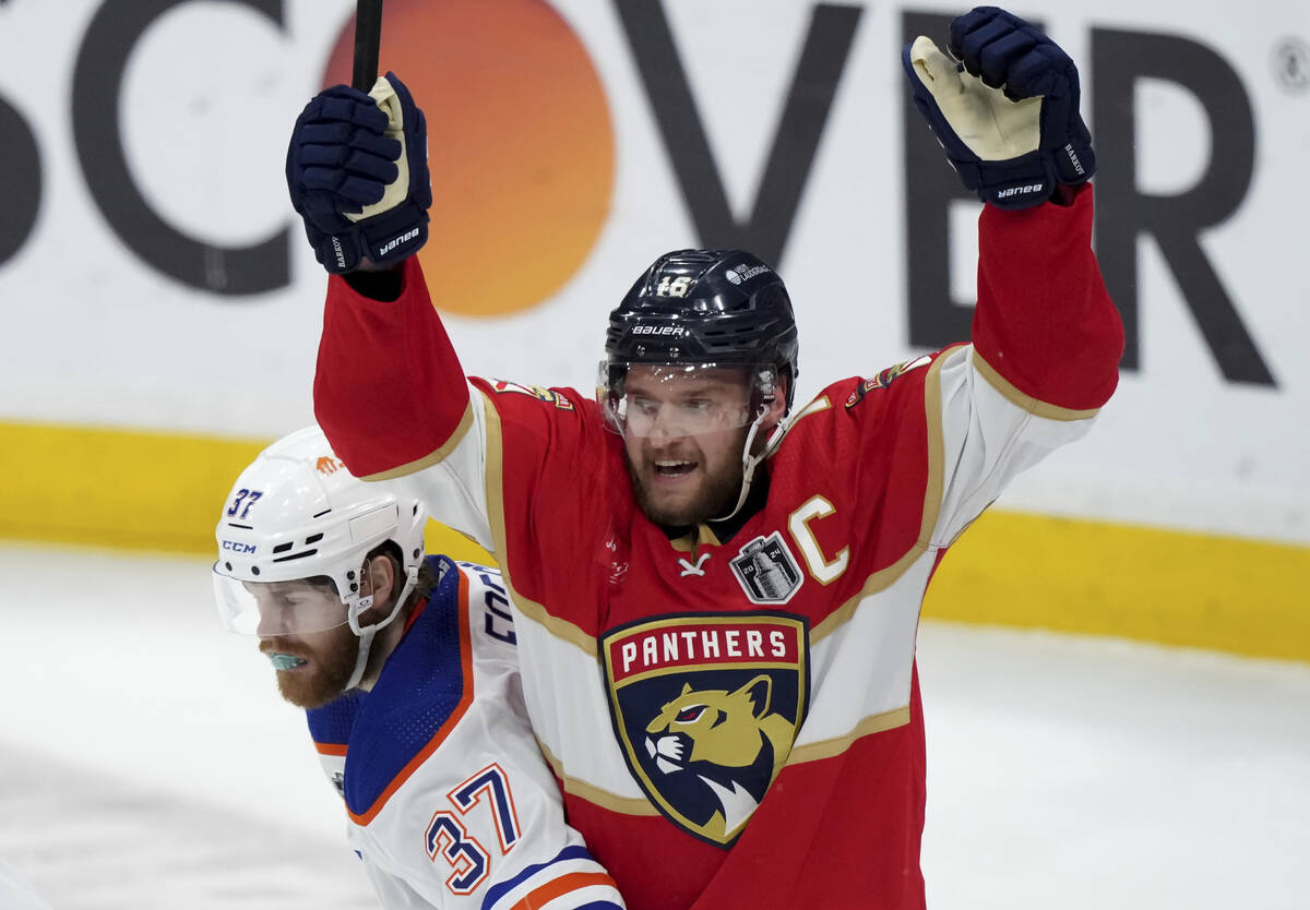 Florida Panthers forward Aleksander Barkov (16) celebrates after his team's second goal as Edmo ...